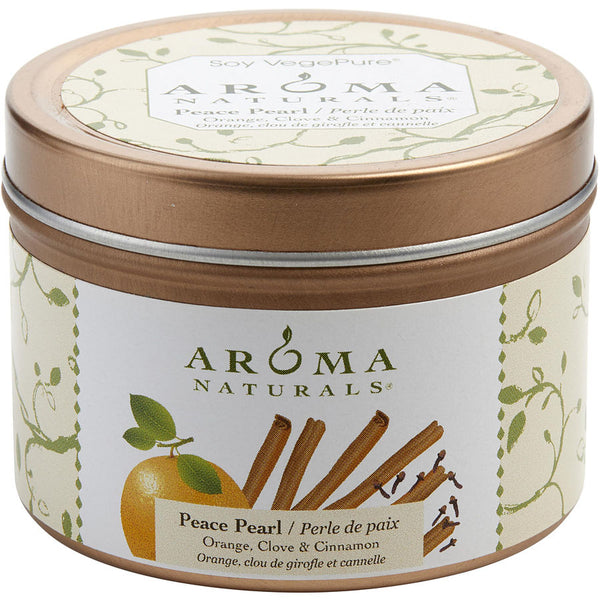 Peace Pearl Aromatherapy - One 2.5x1.75 Inch Tin Soy Aromatherapy Candle.  Combines The Essential Oils Of Orange, Clove & Cinnamon To Create A Warm And Comfortable Atmosphere.  Burns Approx.