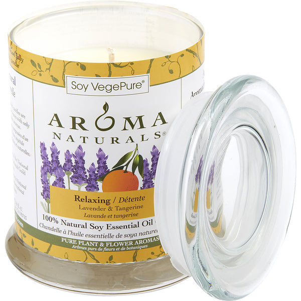 Relaxing Aromatherapy - One 3.7x4.5 Inch Medium Glass Pillar Soy Aromatherapy Candle.  Combines The Essential Oils Of Lavender And Tangerine To Create A Fragrance That Reduces Stress.  Burns Approx.