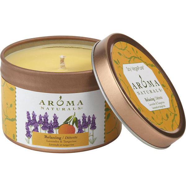 Relaxing Aromatherapy - One 2.5x1.75 Inch Tin Soy Aromatherapy Candle.  Combines The Essential Oils Of Lavender And Tangerine To Create A Fragrance That Reduces Stress.  Burns Approx.