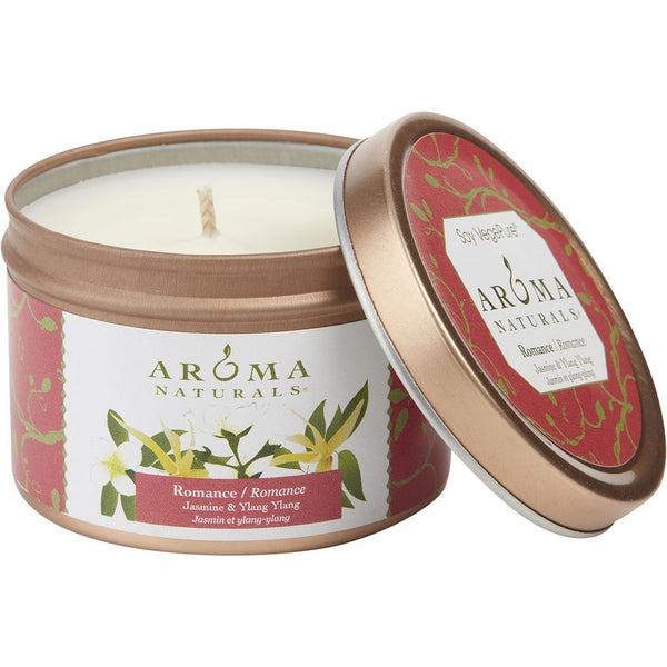 Romance Aromatherapy - One 2.5x1.75 Inch Tin Soy Aromatherapy Candle.  Combines The Essential Oils Of Ylang Ylang & Jasmine To Create Passion And Romance. Burns Approx.