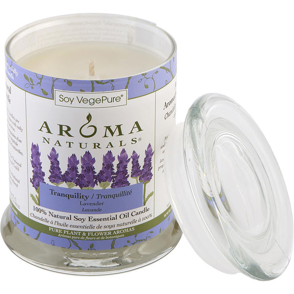 Tranquility Aromatherapy - One 3.7x4.5 Inch Medium Glass Pillar Soy Aromatherapy Candle.  The Essential Oil Of Lavender Is Known For Its Calming And Healing Benefits.  Burns Approx.