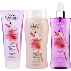 Body Fantasies Japanese Cherry Blossom  - Body Spray 8 Oz & Body Lotion 7 Oz & Body Wash 12 Oz