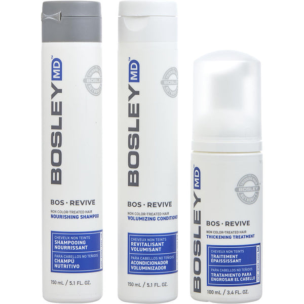 Bosley - 3 Piece - Bos Revive Nourishing Shampoo For Non Color Treated Hair 5.1 Oz & Bos Revive Volumizing Conditioner For Non Color Treated Hair 5.1 Oz & Bos Revive Thickening Treatment For Non Color Treated Hair 3.4 Oz