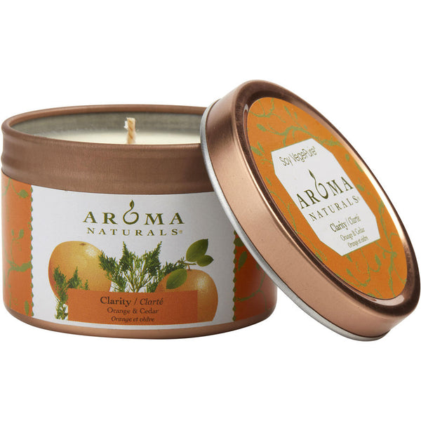 Clarity Aromatherapy - One 2.5x1.75 Inch Tin Soy Aromatherapy Candle. Combines The Essential Oils Of Orange & Cedar. Burns Approx.