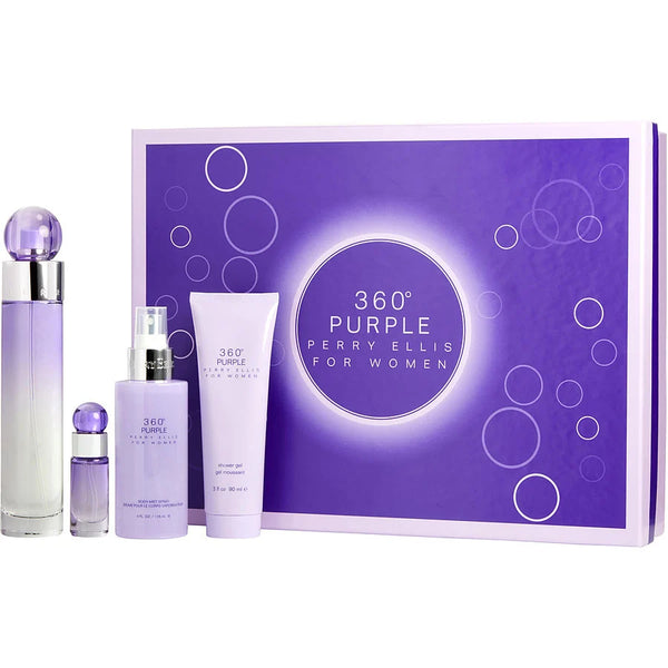 Perry Ellis 360 Purple - Eau De Parfum Spray 3.4 Oz & Body Mist 4 Oz & Shower Gel 3 Oz & Eau De Parfum 0.25 Oz Mini