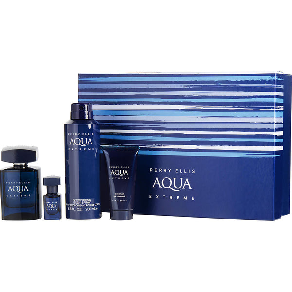 Perry Ellis Aqua Extreme - Edt Spray 3.4 Oz & Deodorant Body Spray 6.8 Oz & Shower Gel 1.7 Oz & Edt Spray 0.25 Oz Mini