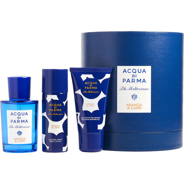 Acqua Di Parma Blue Mediterraneo Arancia Di Capri   Edt Spray 2.5 Oz & Shower Gel 1.35 Oz & Body Lotion 1.7 Oz