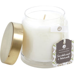 Sandalwood & Patchouli   Scented Soy Glass Candle 10 Oz.  Combines Patchouli & Amber Sandalwood, Himalayan Cedarwood, Black Pepper, Sunflower, & Ginger Root.  Burns Approx. 45 Hrs.