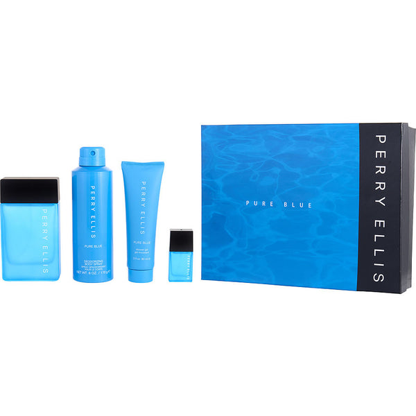 Perry Ellis Pure Blue - Edt Spray 3.4 Oz & Deodorant Spray 6 Oz & Shower Gel 3 Oz & Edt Spray 0.25 Oz