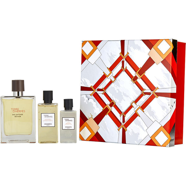 Terre D'hermes Eau Intense Vetiver   Eau De Parfum Spray 3.3 Oz & Aftershave Lotion 1.35 Oz & Hair And Shower Gel 2.8 Oz