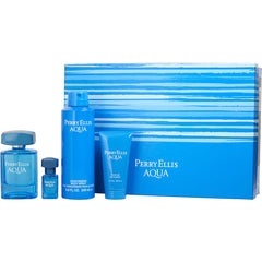 Perry Ellis Aqua - Edt Spray 3.4 Oz & Body Spray 6.8 Oz & Shower Gel 1.7 Oz  & Edt Spray .25 Mini