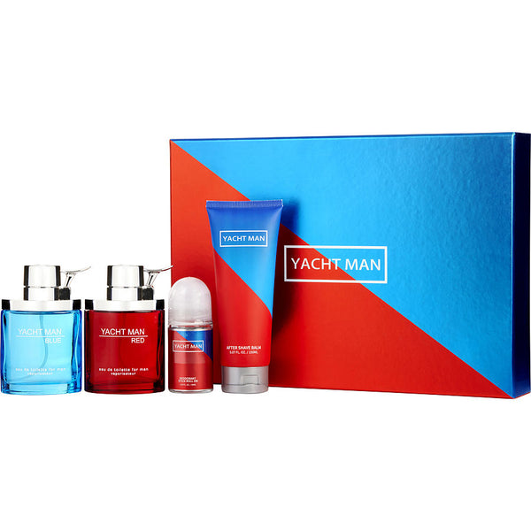 Yacht Man - Blue Edt Spray 3.4 Oz & Red Edt Spray 3.4 Oz & Aftershave Balm 5 Oz & Deodorant Stick Roll On 1.7 Oz