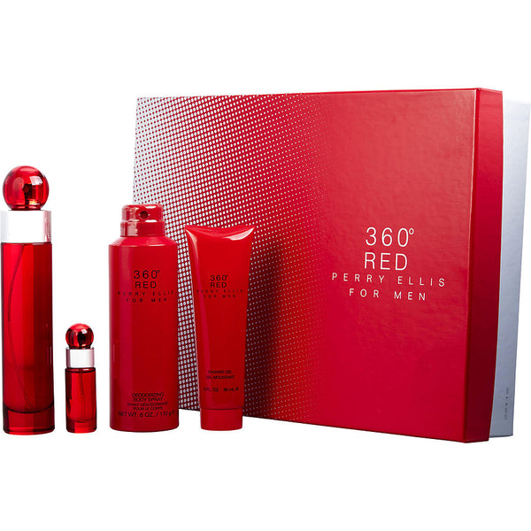 Perry Ellis 360 Red  - Edt Spray 3.4 Oz & Shower Gel 3 Oz & Deodorant Body Spray 6 Oz & Edt Spray 0.25 Oz Mini