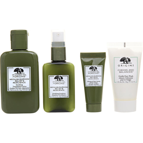 Origins   Shroom Tastic Mega Mushroom Set: Relief & Resilience Soothing Treatment Lotion 100ml + Fortifying Emulsion 50ml + Advanced Face Serum 15ml + Checks & Balances Frothy Face Wash 30ml   4pcs