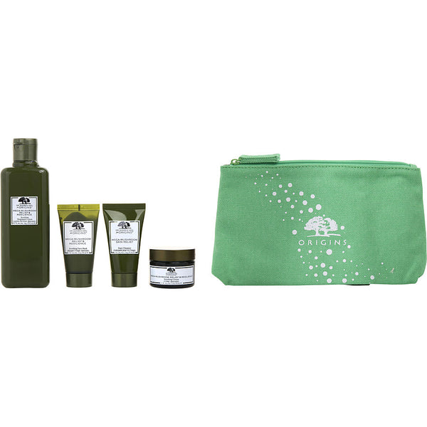 Origins   Skin Fortifying Delights Mega Mushroom Set: Relief & Resilience Soothing Treatment Lotion 200ml + Soothing Cream 30ml + Soothing Face Mask 30ml + Skin Relief Face Cleanser 30ml + bag