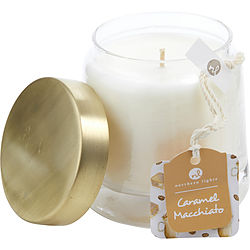 CARAMEL MACCHIATO by    SCENTED SOY GLASS CANDLE 10 OZ.  COMBINES ESPRESSO BEANS, STEAMED MILK, VANILLA, SALTED CARAMEL MAPLE SYRUP, & WHIPPED SWEET CREAM.  BURNS APPROX.